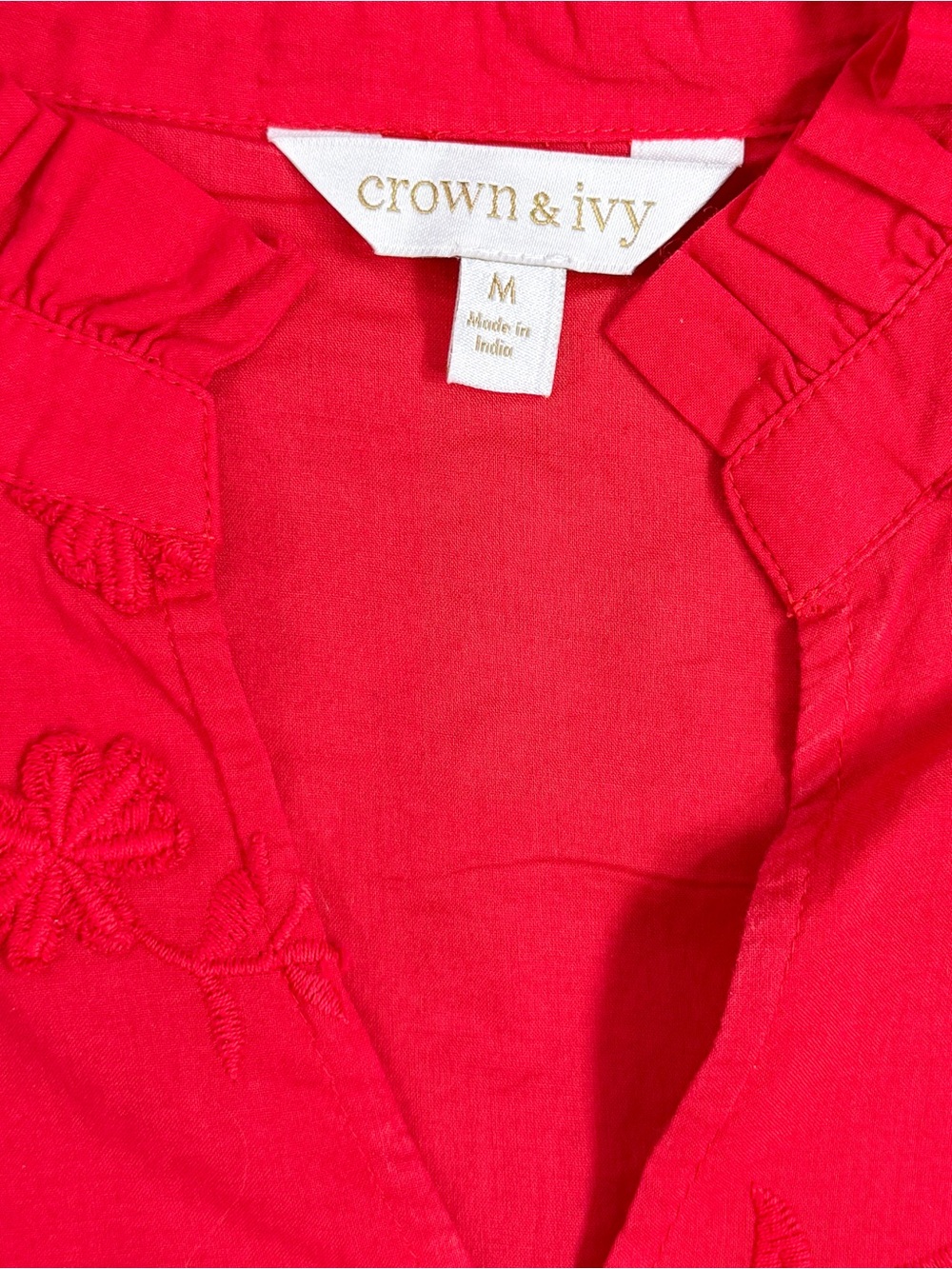 Crown & Ivy Red Embroidered Floral Blouse Medium Cotton Puff Sleeve Boho Top - Picture 3 of 7
